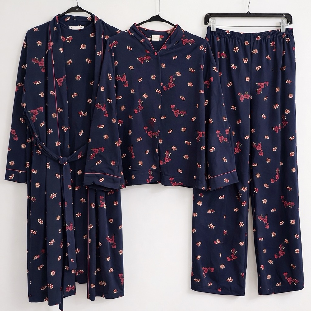 Josie Natori 3pc Lounge Set Navy Floral - Top/Pants L, Robe S Fits Large